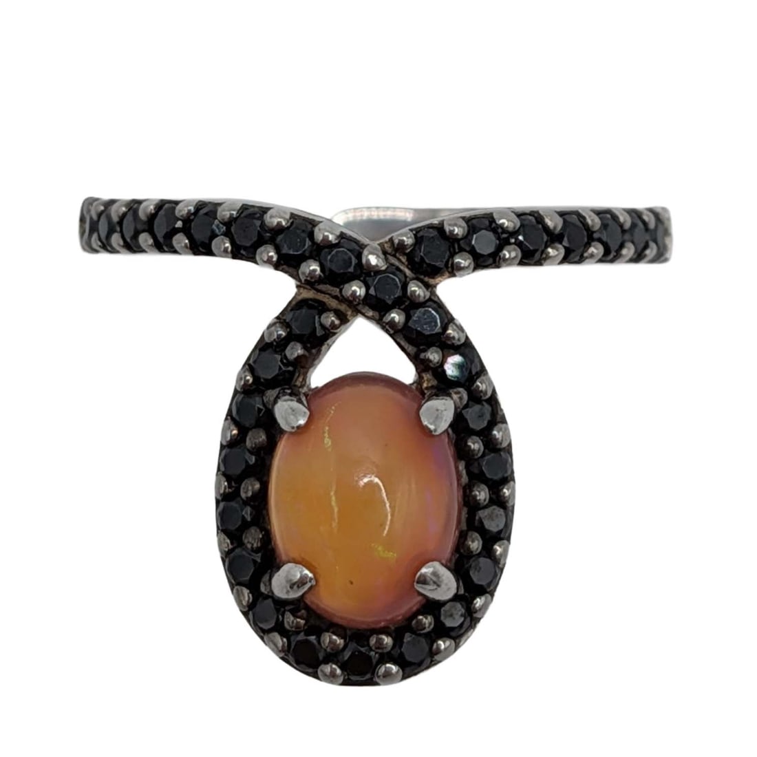 Signed Sterling Silver Faux Opal Black Rhinestone Ring Size 6.25: Signed Sterling Silver, Faux Opal, Black Rhinestone Cross Wrap Ring. Size 6.25. Signed DK 925. 3g