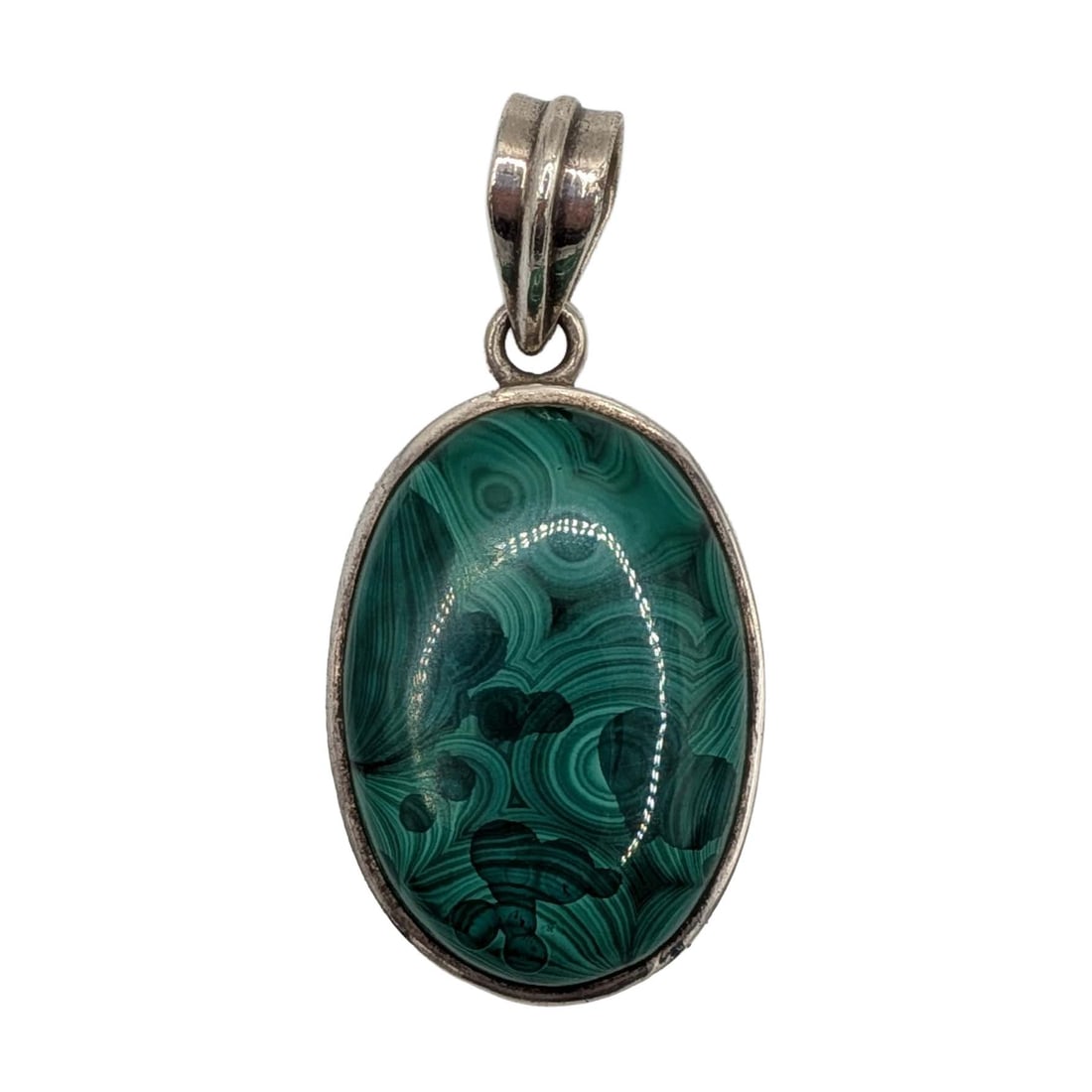 Sterling Silver Malachite Bezel Set Pendant: Sterling Silver, Malachite Oval Bezel Set Pendant. Signed 925. 15.7g