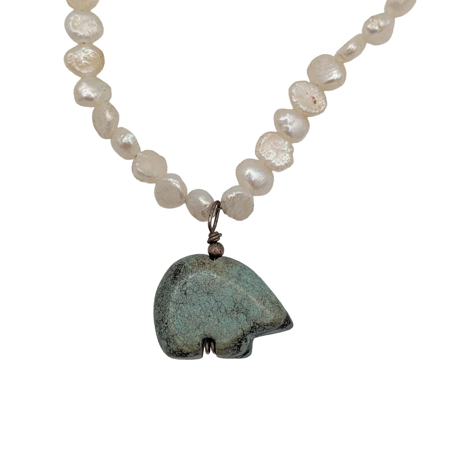 Sterling Silver Pearl Turquoise Carved Bear Toggle Clasp Necklace: Sterling Silver, Pearl, Turquoise Carved Bear Pendant Necklace. 17in Length. 16.4g