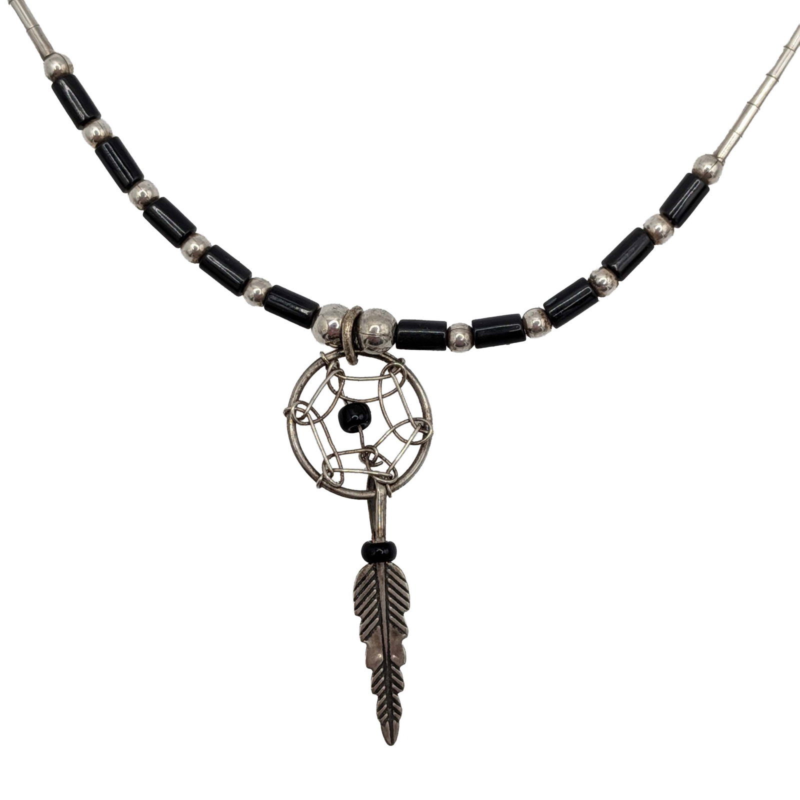 Southwest Sterling Liquid Silver Dream Catcher Necklace: Southwest Sterling Liquid Silver, Black Glass Beaded Dream Catcher Necklace. 16in Length. 2.7g