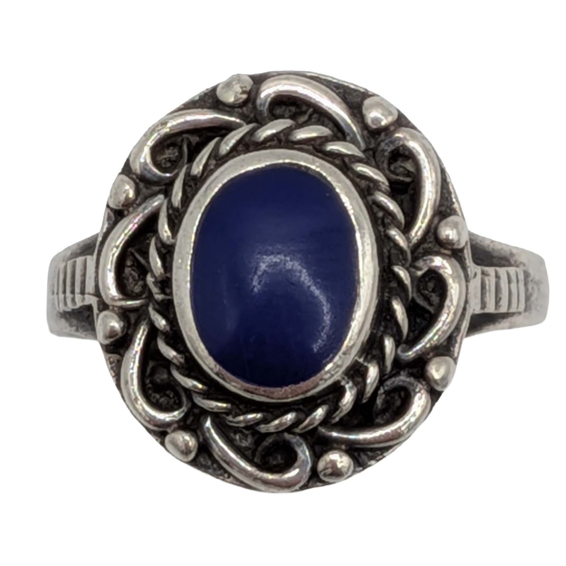 Signed Sterling Silver Lapis Rope Framed Oval Ring Size 7.75 (1 of 5)