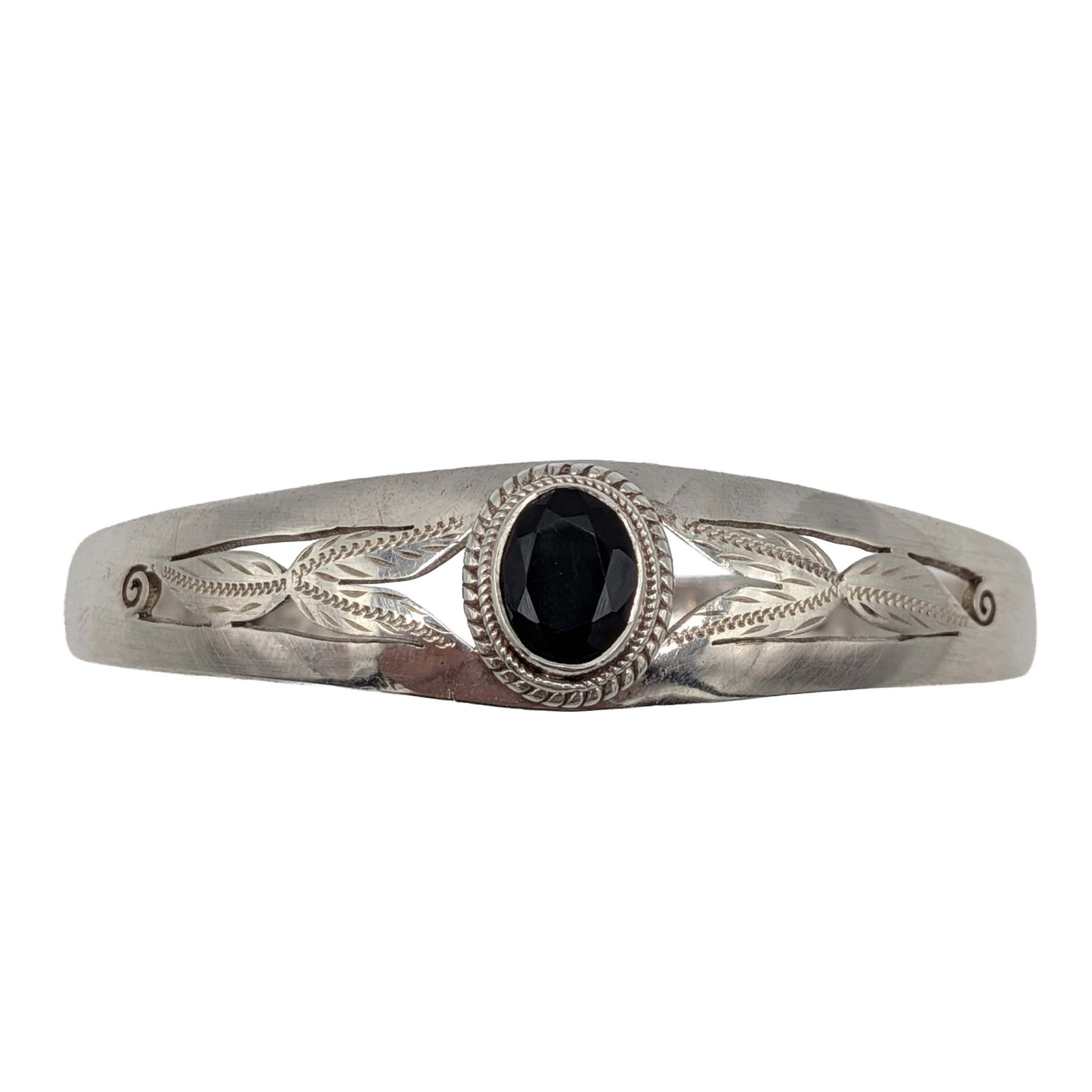Sterling Silver Onyx Leaf Cutout Cuff Bracelet: Sterling Silver, Onyx Leaf Cutout Bracelet. 6in Length (Adjustable). 15.2g
