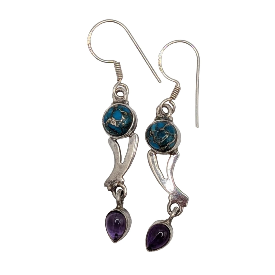 Sterling Silver Blue Dahlia Turquoise Amethyst Dangle Earrings (1 of 4)