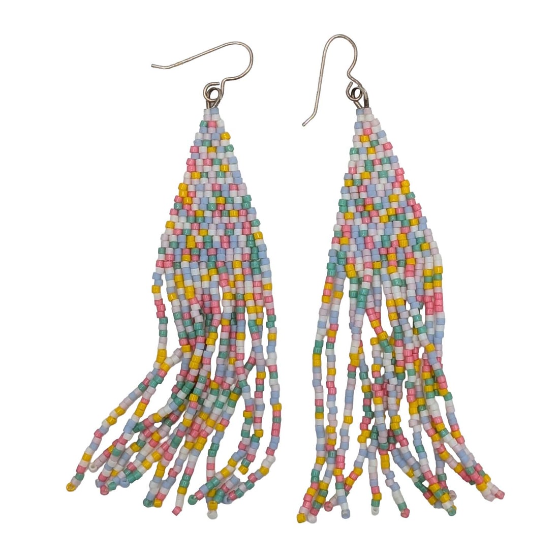 Sterling Silver Pastel Seed Bead Woven Fringe Dangle Earrings: Sterling Silver, Pastel Glass Seed Bead Woven Fringe Dangle Earrings. Signed 925. 7.1g
