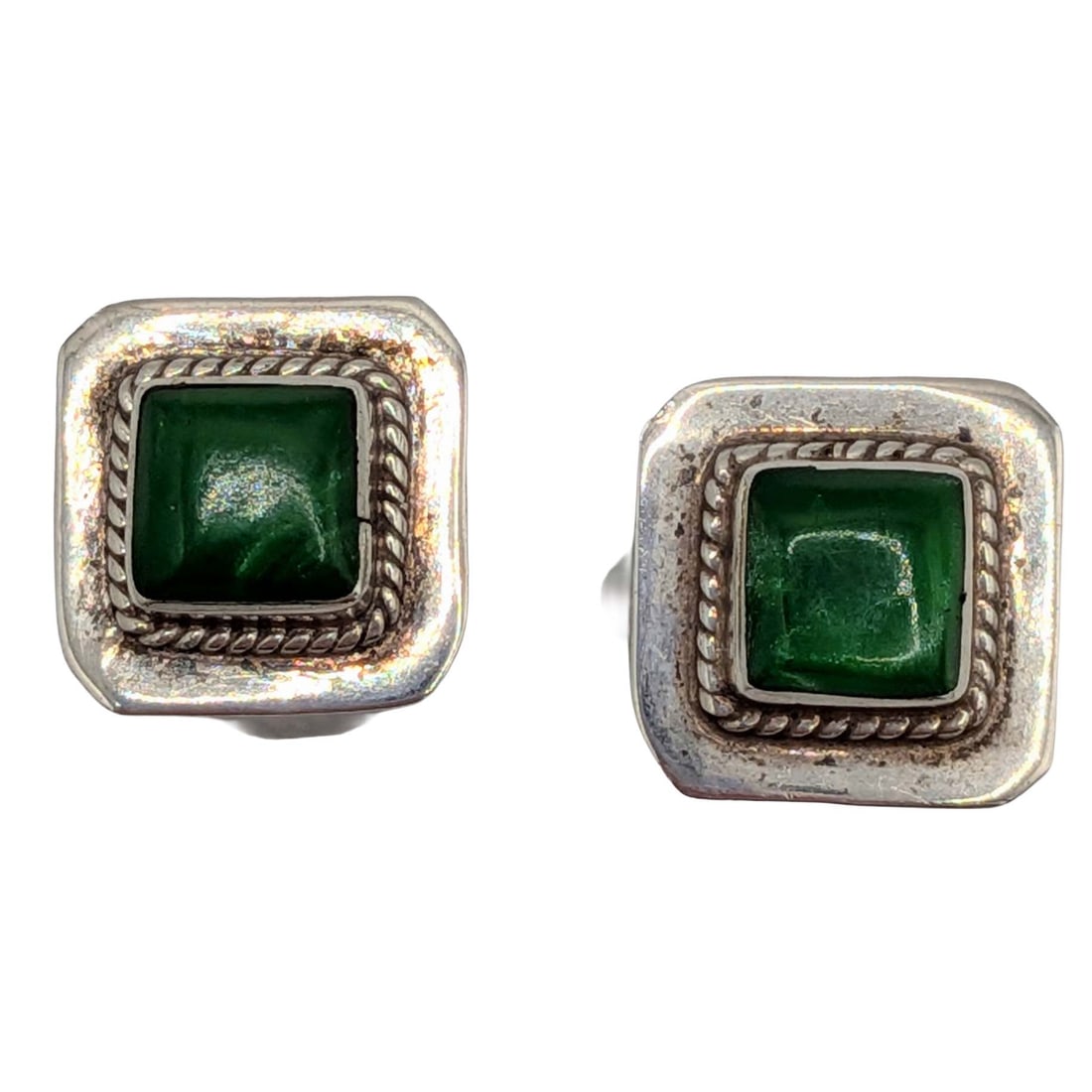 Southwest Sterling Silver Malachite Square Stud Earrings: Sterling Silver, Malachite Square Stud Earrings. Signed 925. 1.4g