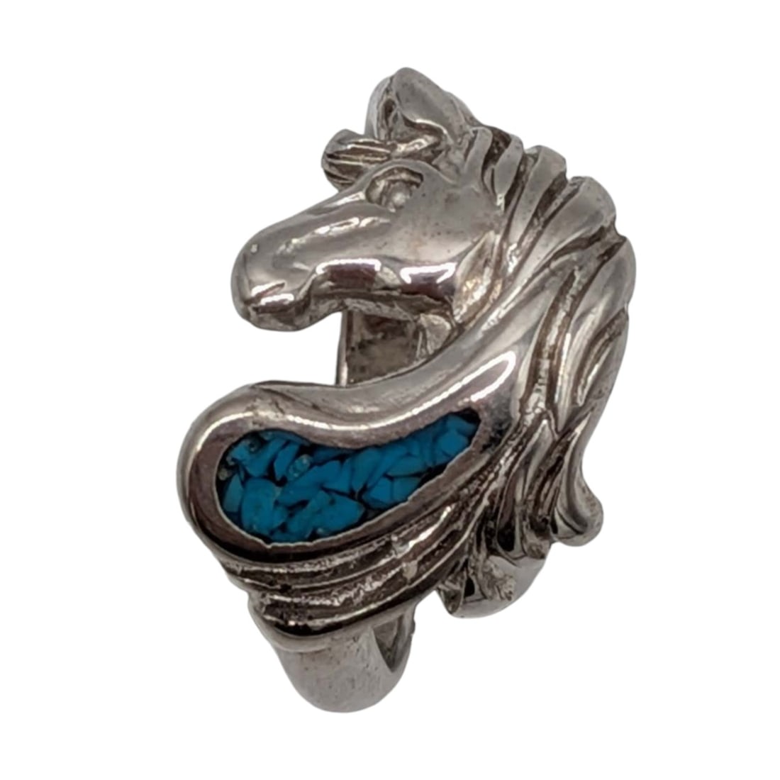 Signed Silver Filled Turquoise Inlay Unicorn Ring Size 5.25: Signed Silver Filled, Turquoise Inlay Unicorn Ring. Size 5.25. Signed D SF 82. 3g