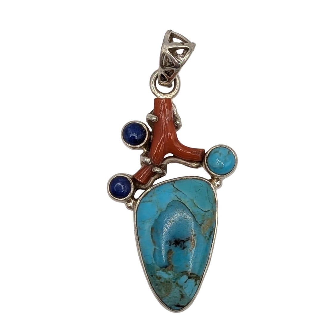 Southwest Sterling Silver Multi-Stone Pendant: Southwest Sterling Silver, Turquoise, Coral, Lapis Abstract Pendant. Signed 925. 5.7g