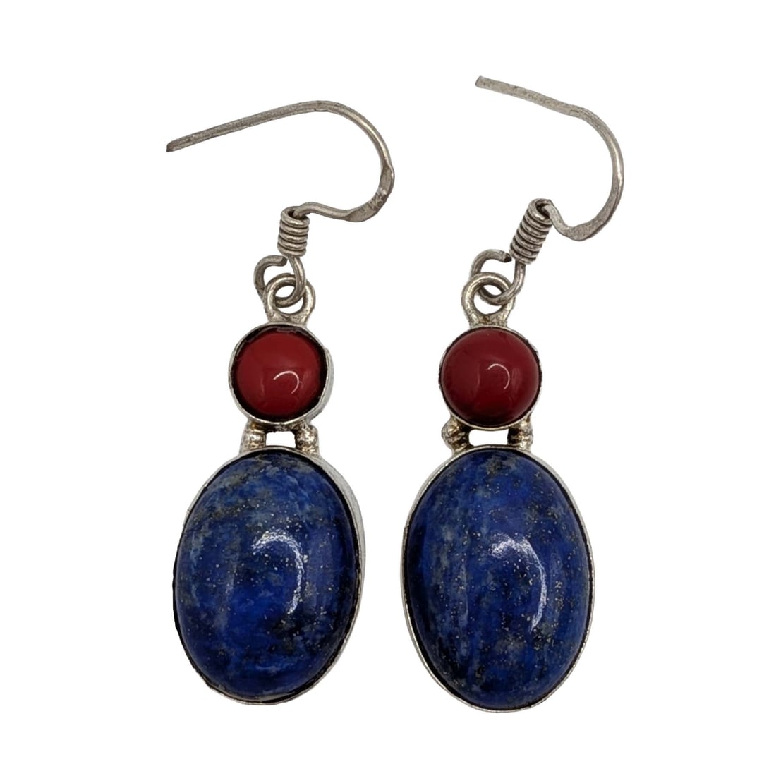 Sterling Silver Lapis Coral Dangle Earrings: Sterling Silver, Lapis, Coral Double Stone Dangle Earrings. Signed 925. 9.9g