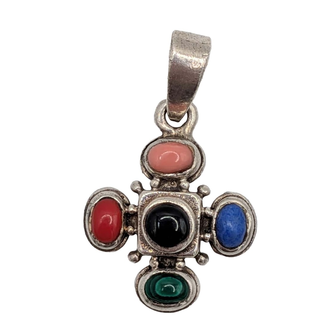Southwest Sterling Silver Multi-Stone Cross Pendant: Southwest Sterling Silver, Lapis, Coral, Malachite, Onyx Cross Pendant. Signed 925. 2.1g