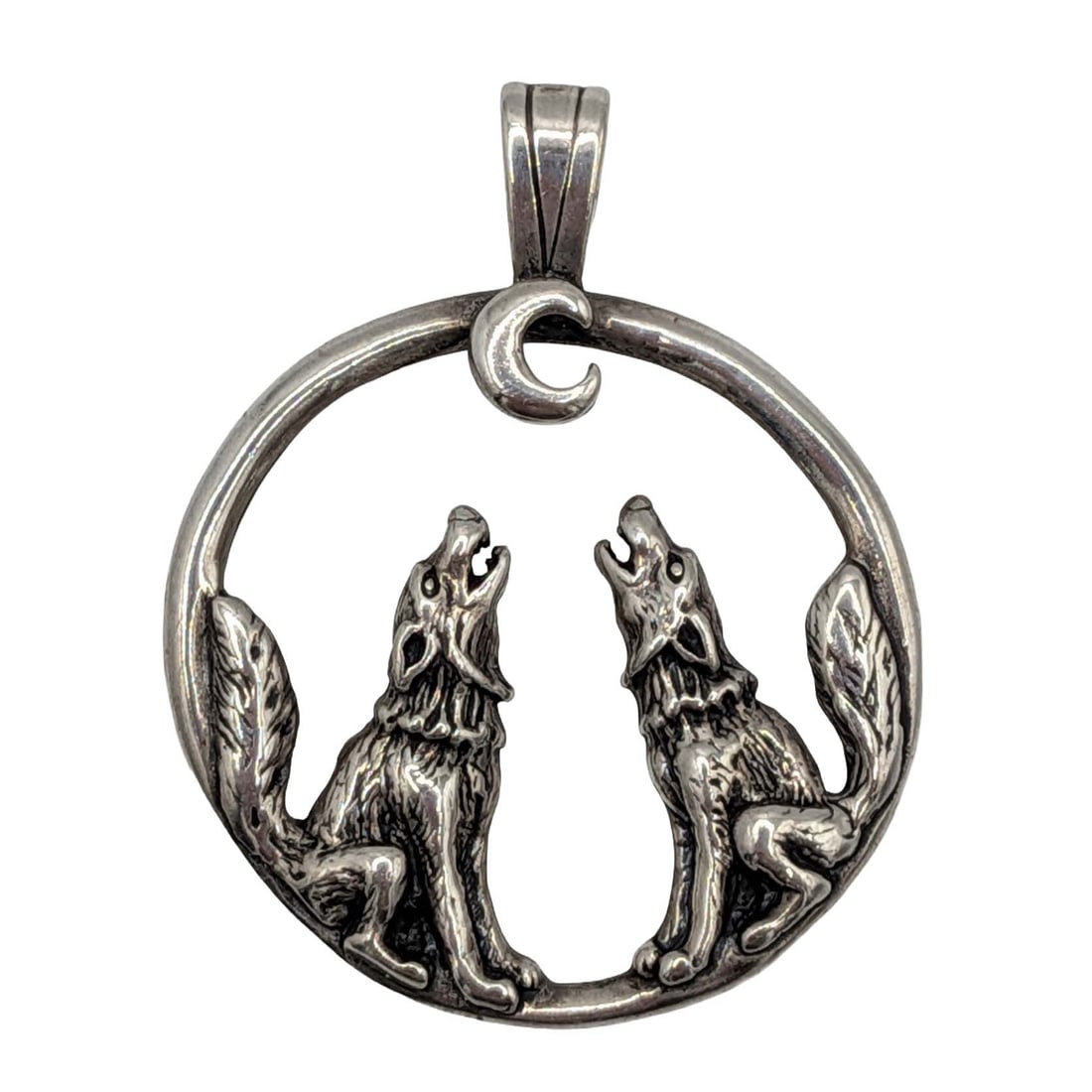 Signed Sterling Silver Howling Wolves Pendant (1 of 3)
