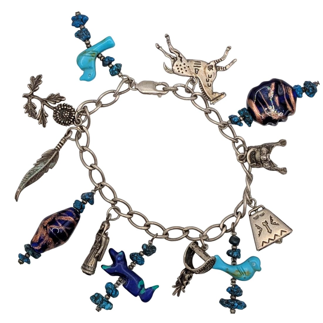 Carolyn Pollack Sterling Silver Charm Bracelet: Carolyn Pollack Sterling Silver, Turquoise, Azurite, Glass Bead Charm Bracelet. 8in Length. Signed Ster 80 sun symbol. 44.2g