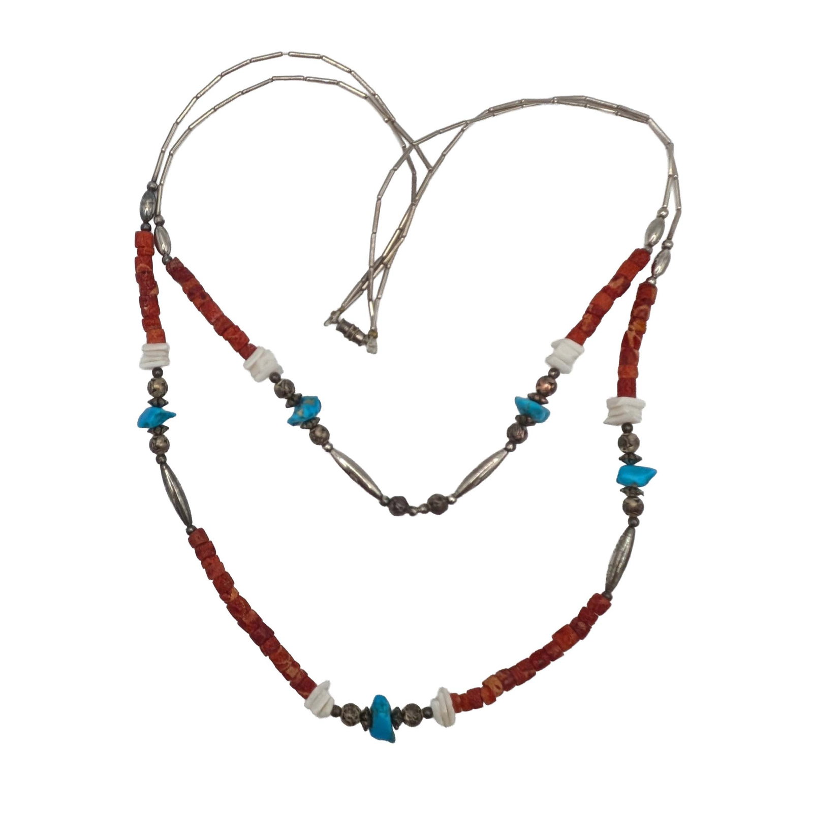 Southwest Sterling Liquid Silver Turquoise Coral Shell Necklace: Southwest Sterling Liquid Silver, Turquoise, Coral, Shell Double Strand Bead Necklace. 23.5in Length. 31.3g