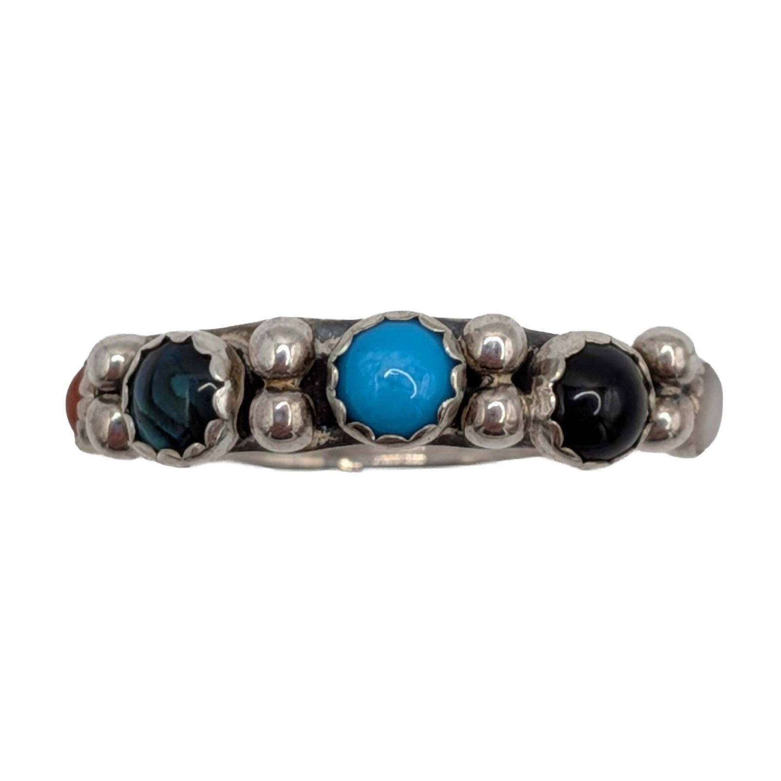 Southwest Sterling Silver Multi-Stone Band Ring Size 6: Southwest Sterling Silver, Turquoise, Coral, Abalone, Onyx, Mother of Pearl Band Ring. Size 6. Signed SN 925 c. 2.5g