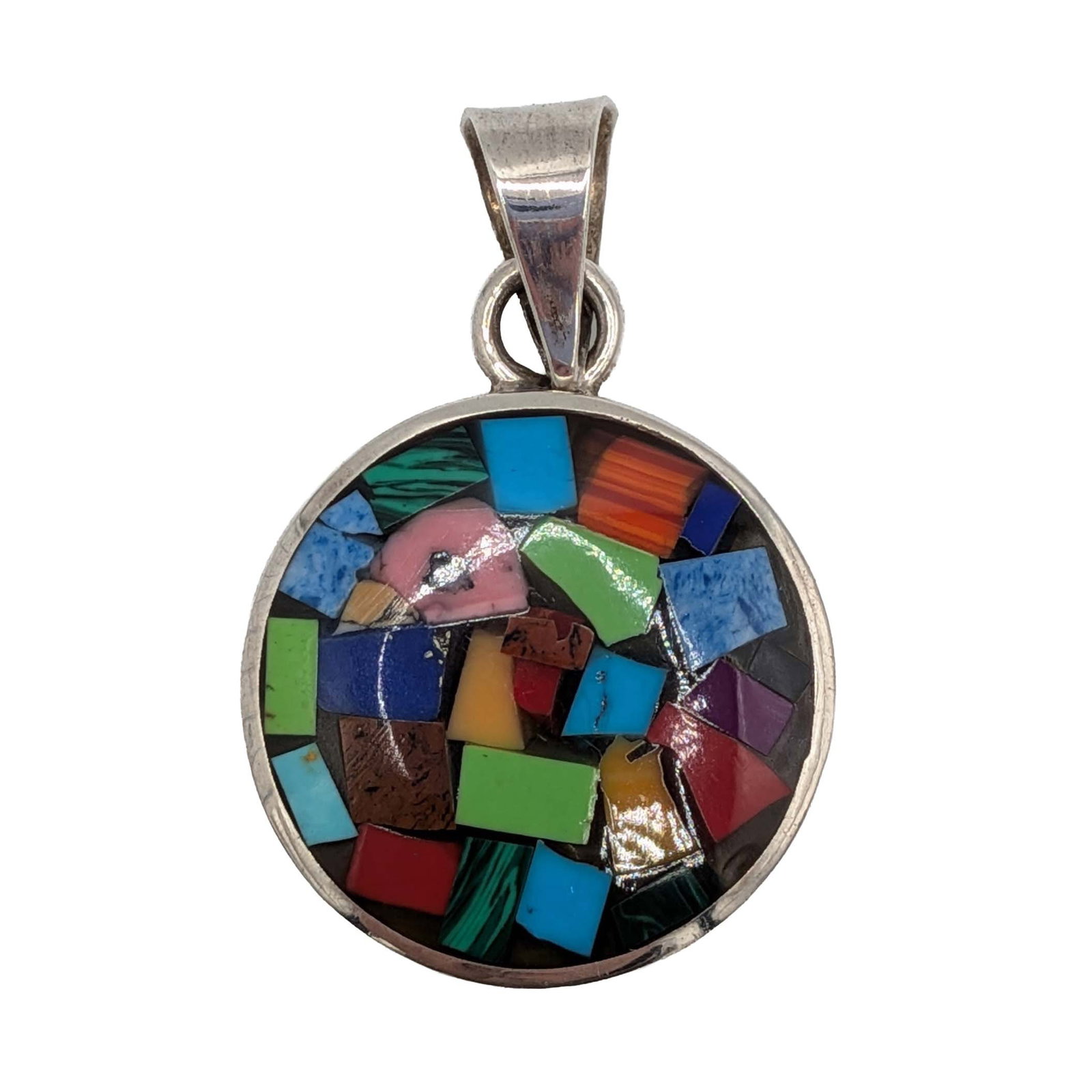 Mexico Sterling Silver Multi-Stone Mosaic Inlay Pendant (1 of 3)