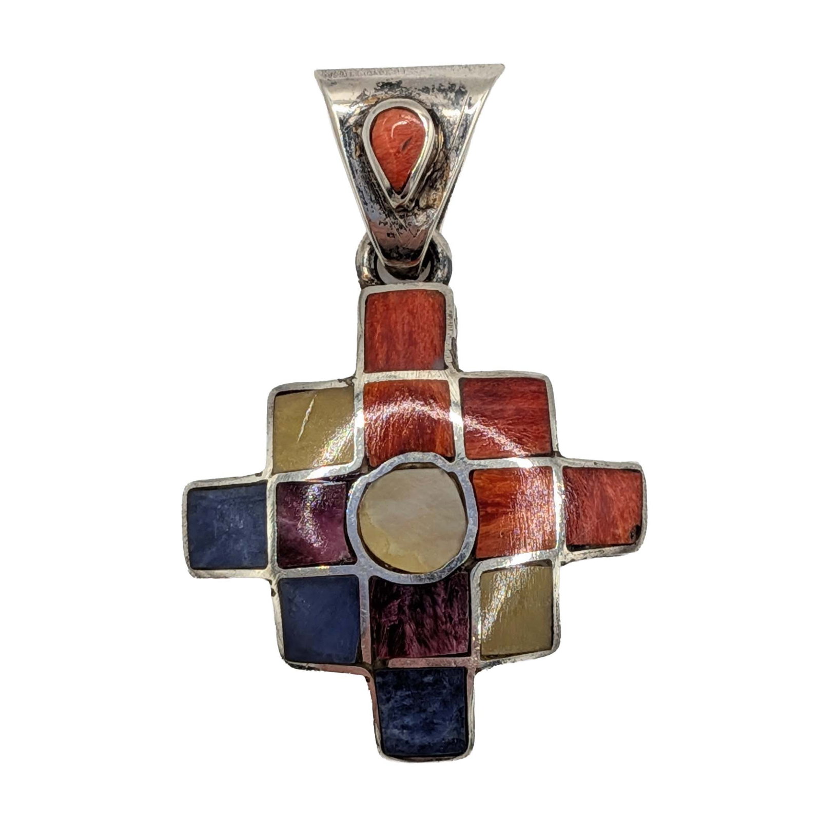Peruvian 950 Silver Multi-Stone Inlay Dangle Pendant: Peruvian 950 Silver, Lapis, Spiny Oyster, Shell, Mother of Pearl Inlay Dangle Pendant. Signed 950. 4.4g