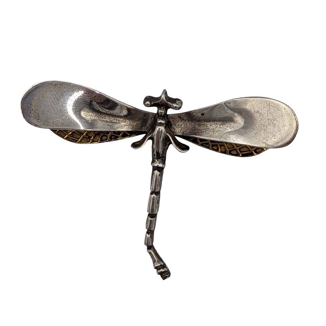 Mexico Sterling Silver Brass Two Tone Wing Dragonfly Brooch: Mexico Sterling Silver, Brass Two Tone Wing Dragonfly Brooch. Signed Mexico 925. 11.6g