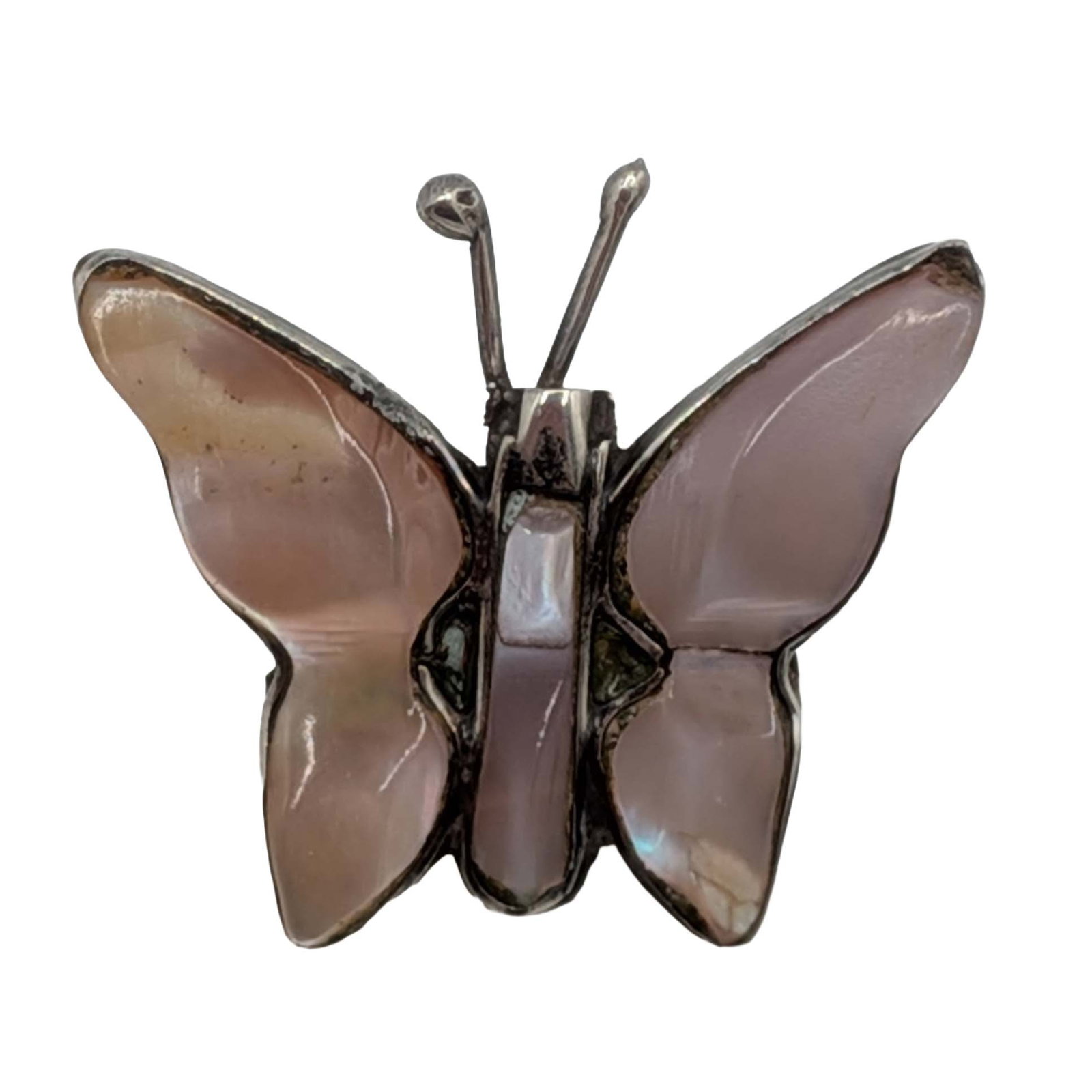 Taxco Mexico Sterling Silver Pink Mother of Pearl Butterfly Slide Pendant: Taxco Mexico Sterling Silver, Pink Mother of Pearl Inlay Butterfly Slide Pendant. Signed TB-01 925. 1.4g