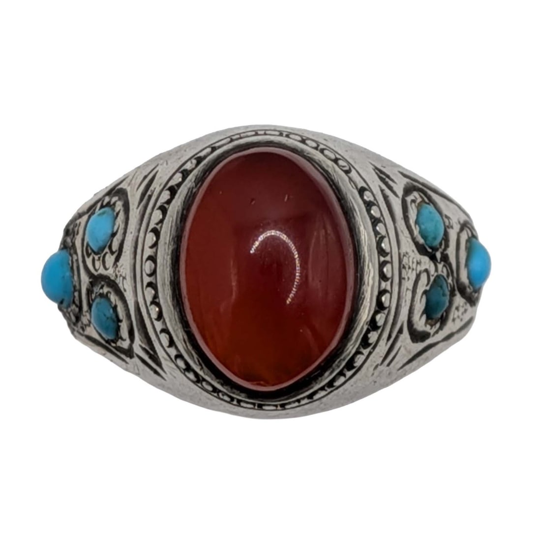 Vintage Chinese Export Sterling Silver Faux Carnelian Turquoise Ring Size 8.75: Vintage Chinese Export Sterling Silver, Faux Carnelian, Turquoise Studded Ring. Size 8.75. 4.6g