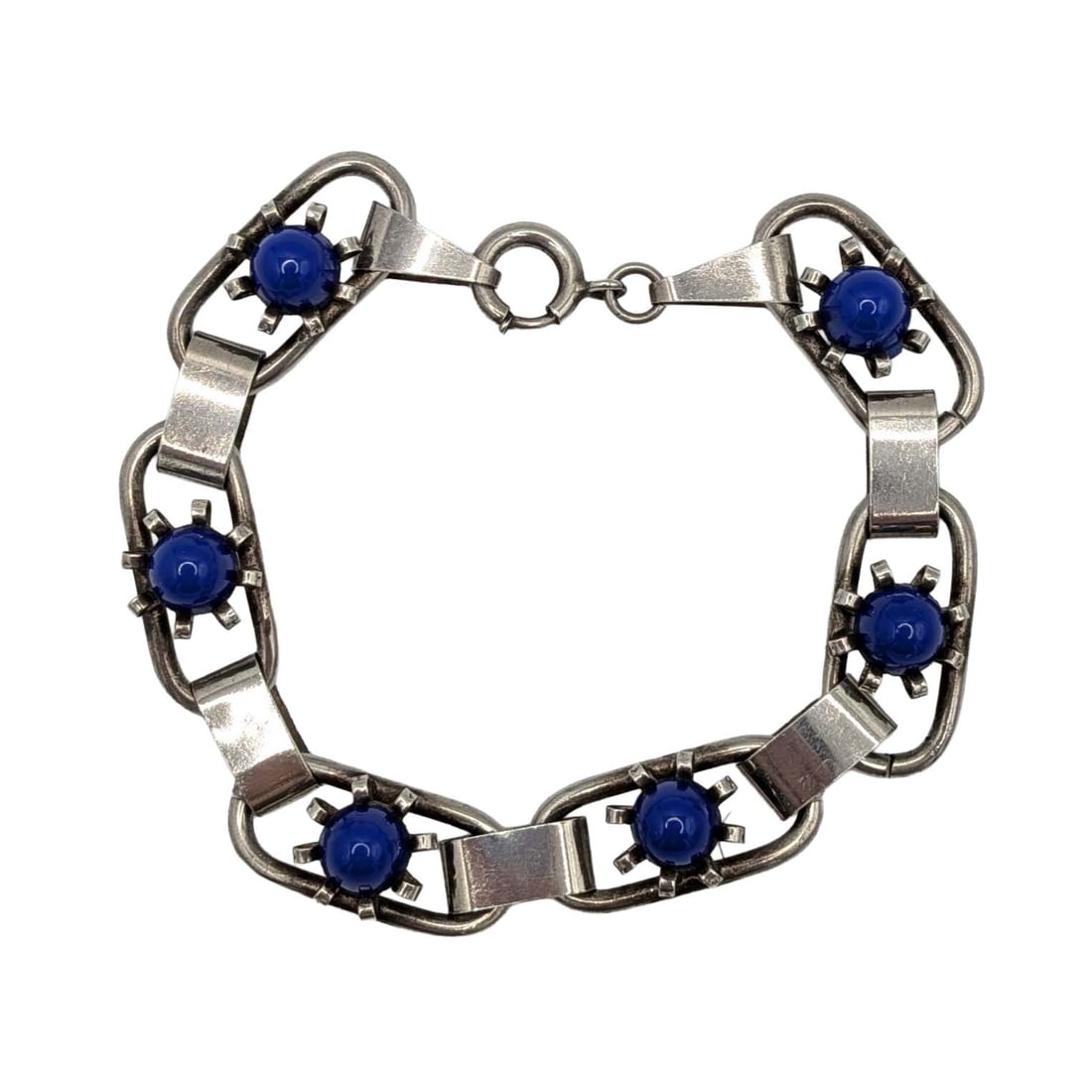 Vintage Sterling Silver Blue Glass Modern Burst Link Bracelet: Vintage Sterling Silver, Blue Glass Modern Burst Link Bracelet. 7.5in Length. Signed Sterling. 17.7g