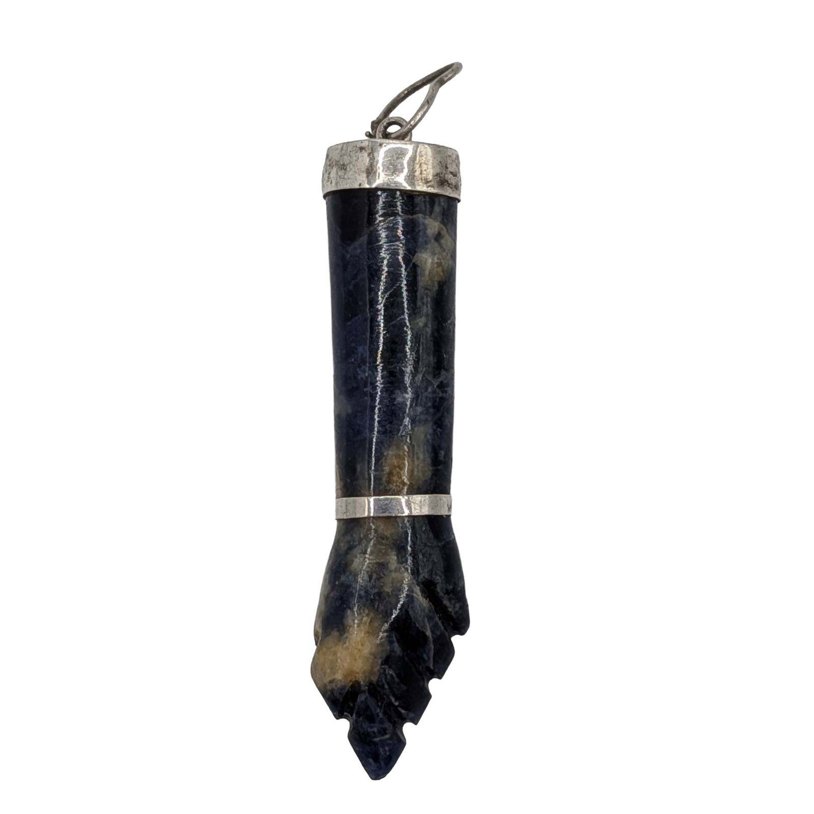 Signed Sterling Silver Carved Sodalite Figa Hand Pendant: Signed Sterling Silver, Carved Sodalite Figa Hand Pendant. Signed 92 C. 6.2g