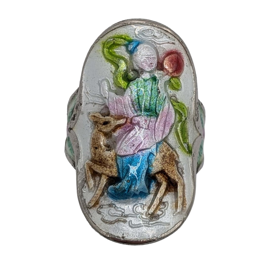 Chinese Export Silver Tone Enamel Repousse Deer Geisha Adjustable Ring (1 of 4)