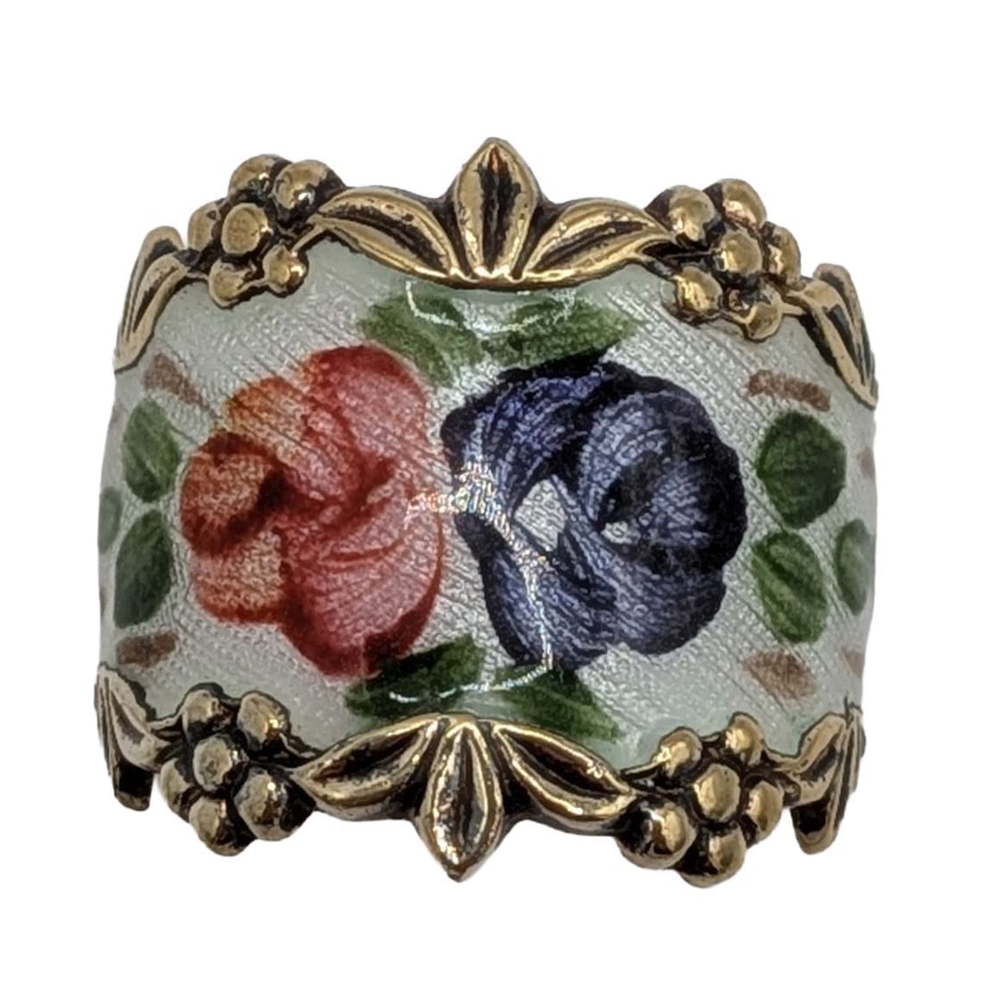 Signed Gold Over Sterling Silver Limoge Enamel Floral Adjustable Ring: Signed Vintage Gold Over Sterling Silver, Limoge Enamel Floral Band Ring. Approx Size 6.75 (Adjustable). Signed Sterling two diamonds. 8g