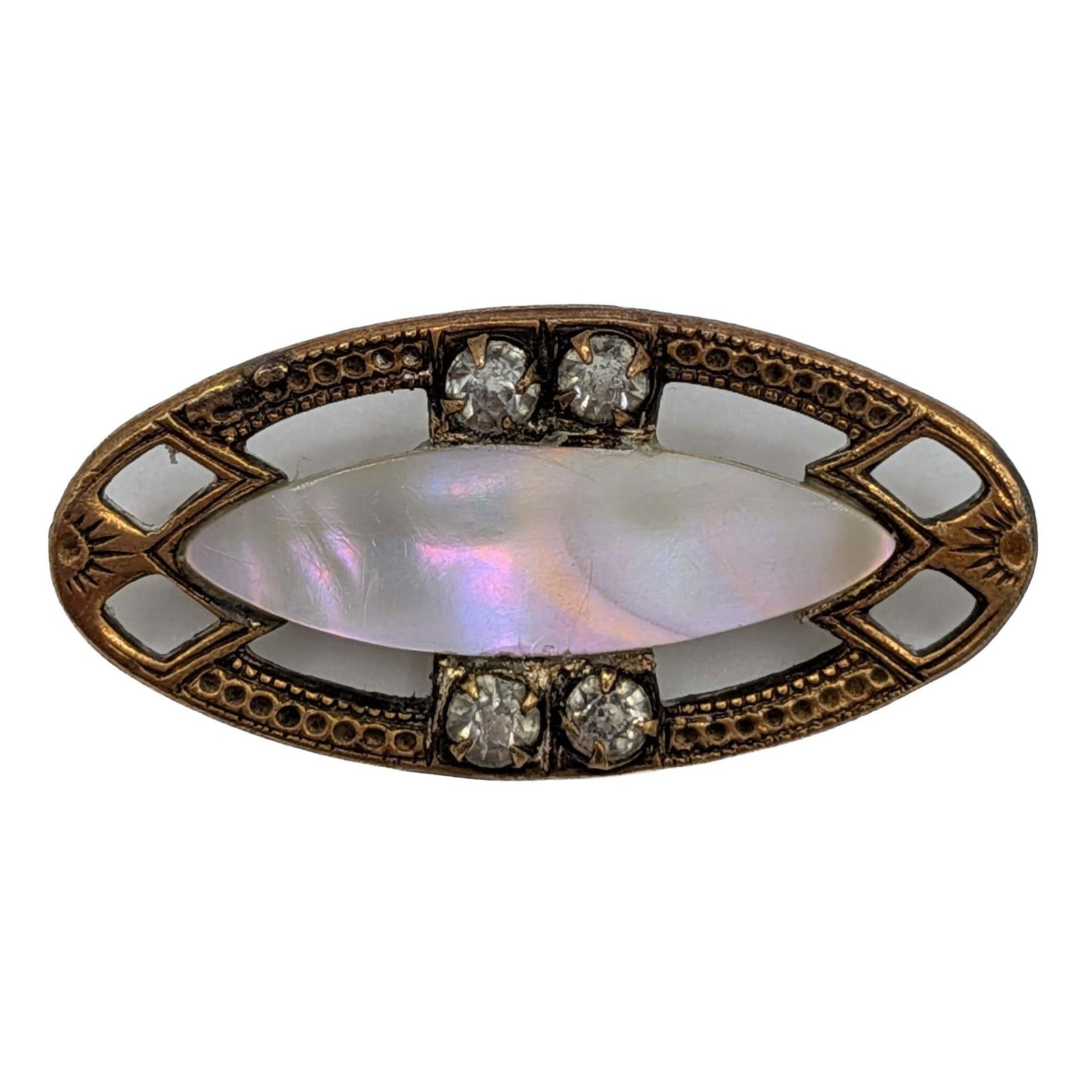 Antique Gold Filled Mother of Pearl Rhinestone Embossed Brooch: Antique Gold Filled, Mother of Pearl, Rhinestone Embossed Oval Brooch. 4.3g
