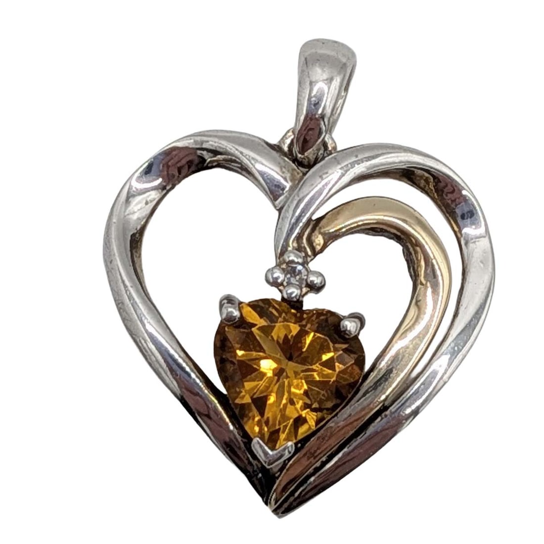 Signed 14K Yellow Gold Sterling Silver Diamond Citrine Heart Pendant: Signed 14K Yellow Gold, Sterling Silver, Diamond, Citrine Open Heart Pendant. Signed 14K 925 c AV. 2.8g