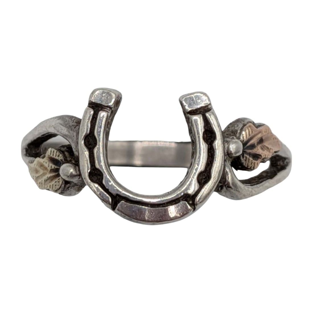 Signed 12K Gold Sterling Silver Horseshoe Ring Size 6: Signed 12K Green Gold, 12K Rose Gold, Sterling Silver Horseshoe Leaf Detail Ring. Size 6. Signed RGO 925 12K. 2g