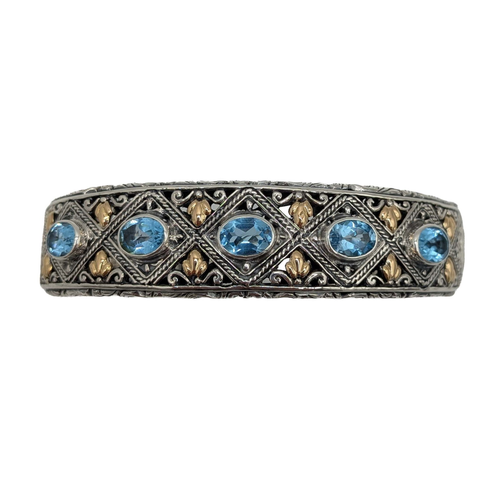 Signed 18K Yellow Gold Sterling Silver Topaz Fancy Hinge Cuff Bracelet (1 of 6)
