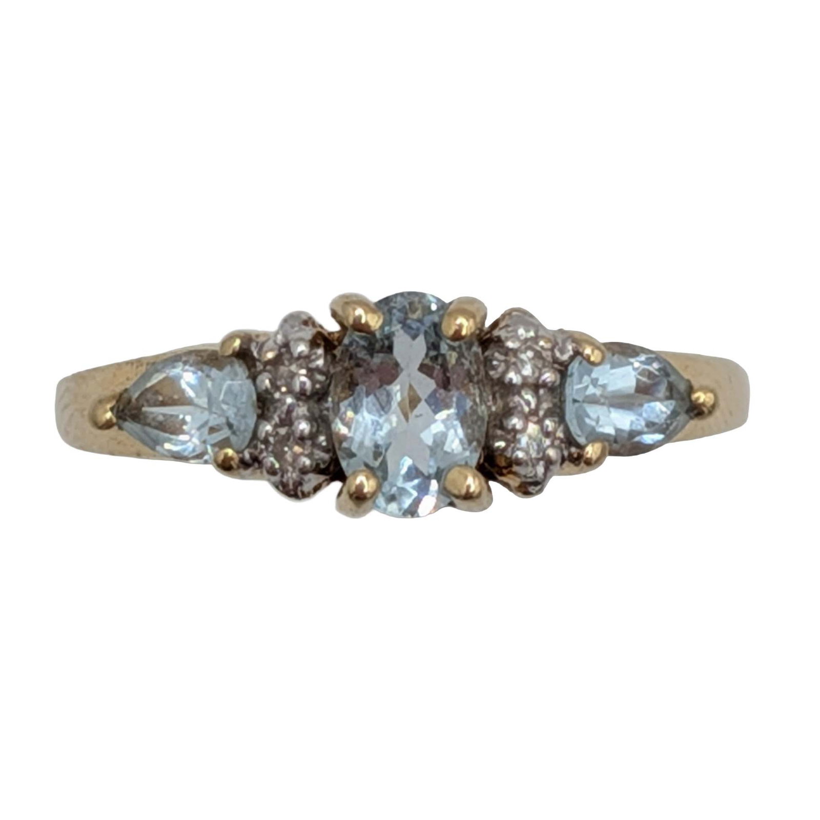 10K Yellow Gold Diamond Aquamarine Tapered Ring Size 7.5: 10K Yellow Gold, Diamond, Aquamarine Tapered Oval Ring. Size 7.5. Signed 10K. Approx .92TCW. 1.8g