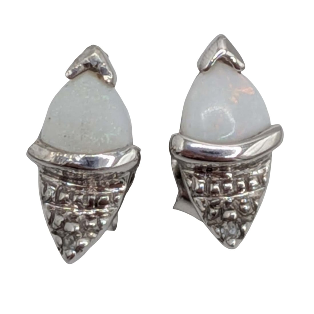 Signed 14K White Gold Diamond Opal Stud Earrings (1 of 4)