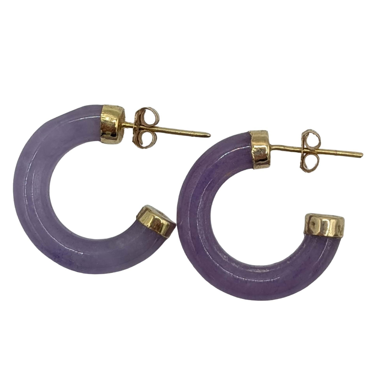 14K Yellow Gold Amethyst Hoop Earrings: 14K Yellow Gold, Amethyst Hoop Earrings. Signed 14K. 3.3g