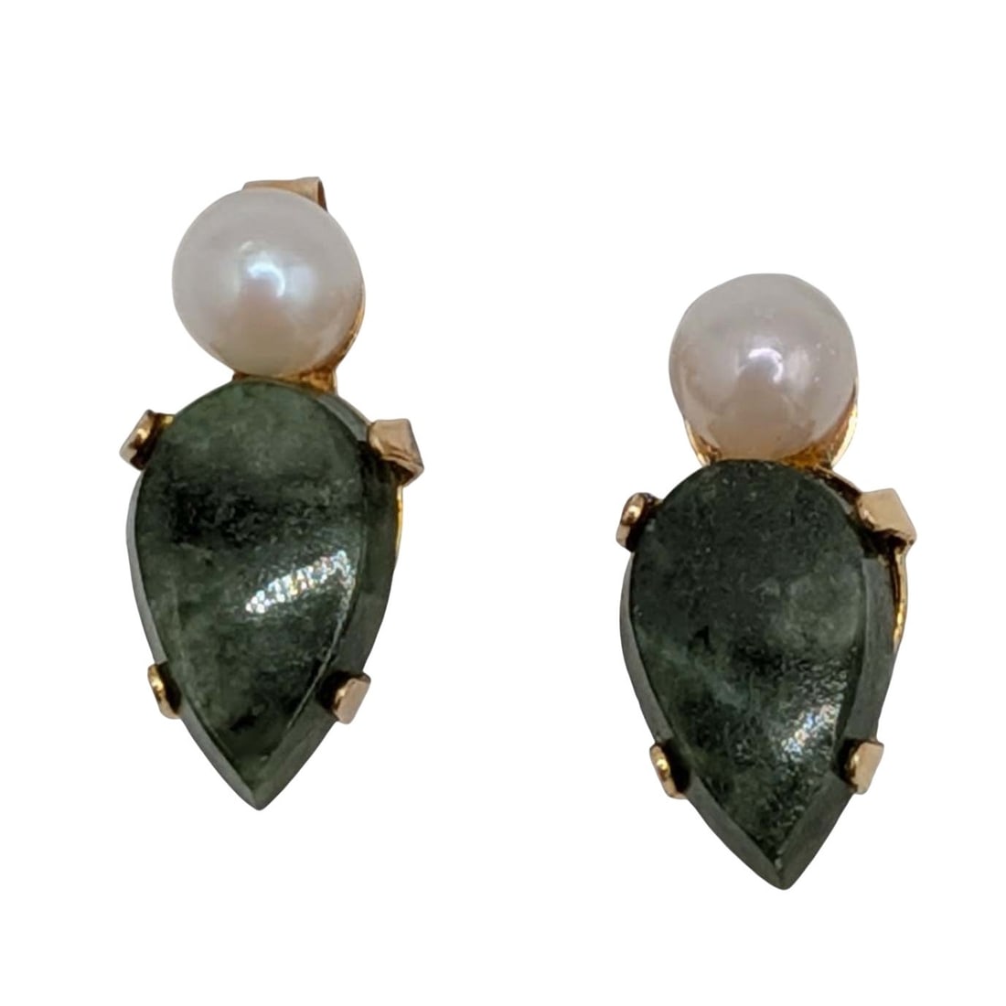 14K Yellow Gold Emerald Pearl Drop Stud Earrings: 14K Yellow Gold, Emerald, Pearl Drop Stud Earrings. Signed 14K. Approx 1.6TCW. .8g