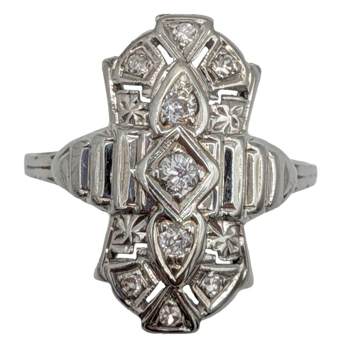 Antique 18K White Gold Diamond Art Deco Shield Ring Size 7.5 (1 of 5)