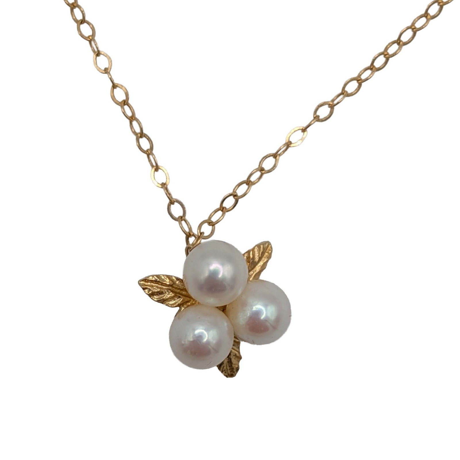 Signed 14K Yellow Gold Pearl Floral Necklace: Signed 14K Yellow Gold, Pearl Floral Pendant Necklace. 16in Length 1mm Cable Chain. Signed EB 14K. 1.2g