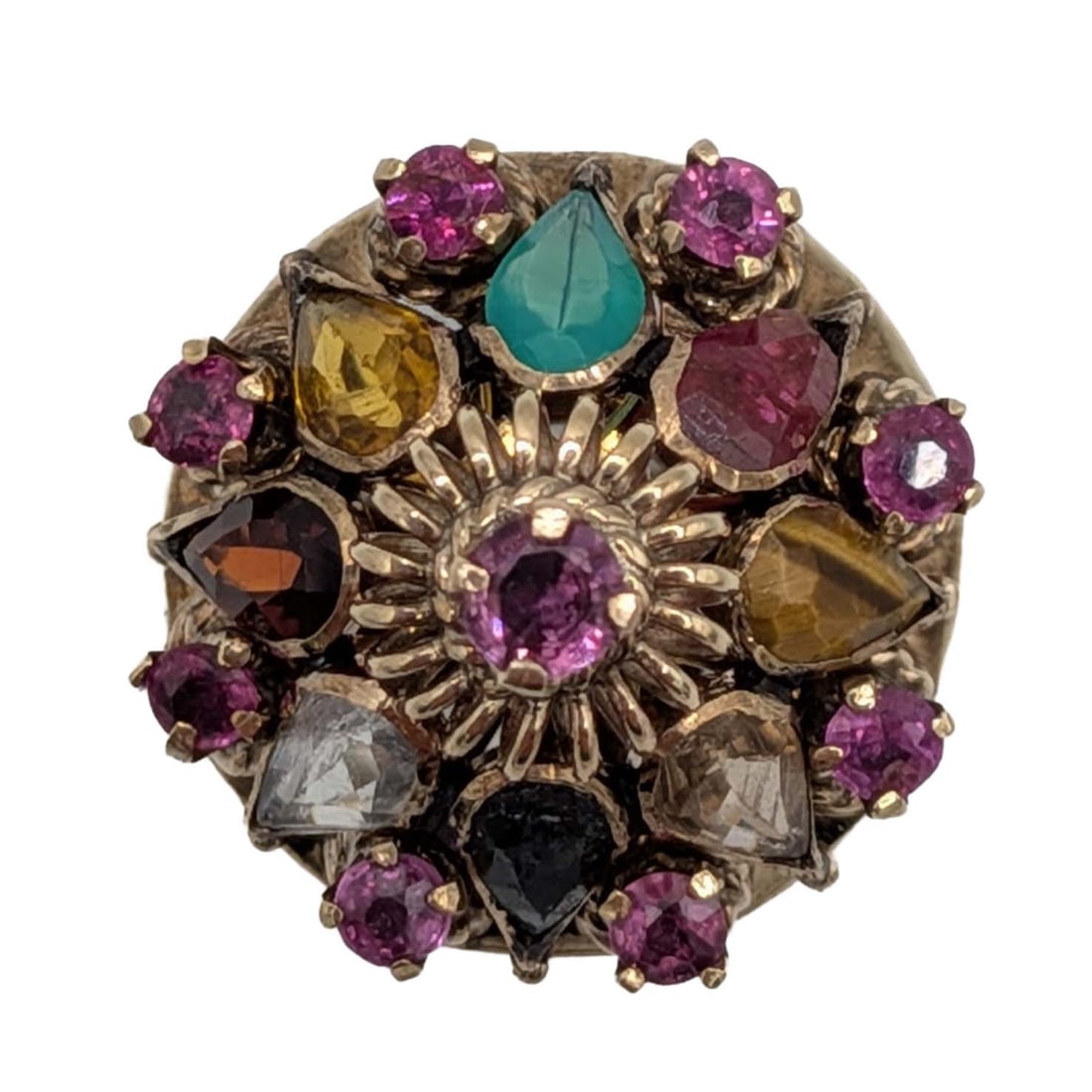 14K Yellow Gold Multi-Stone Thai Princess Ring Size 5.5: 14K Yellow Gold, Ruby, Sapphire, Emerald, Tourmaline, Tigers Eye, Garnet Thai Princess Ring. Size 5.5. Signed 14K. 3.4g