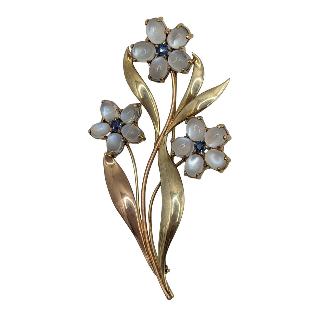 Bailey Banks & Biddle 14K Two Tone Gold Sapphire Moonstone Flower Brooch (1 of 4)