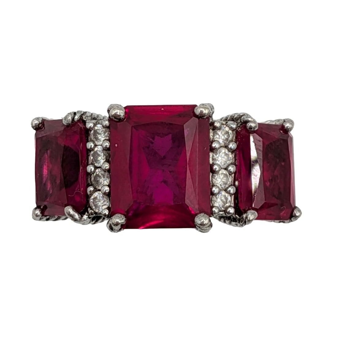 Judith Ripka Sterling Silver Ruby CZ Three Stone Ring Size 6 (1 of 6)