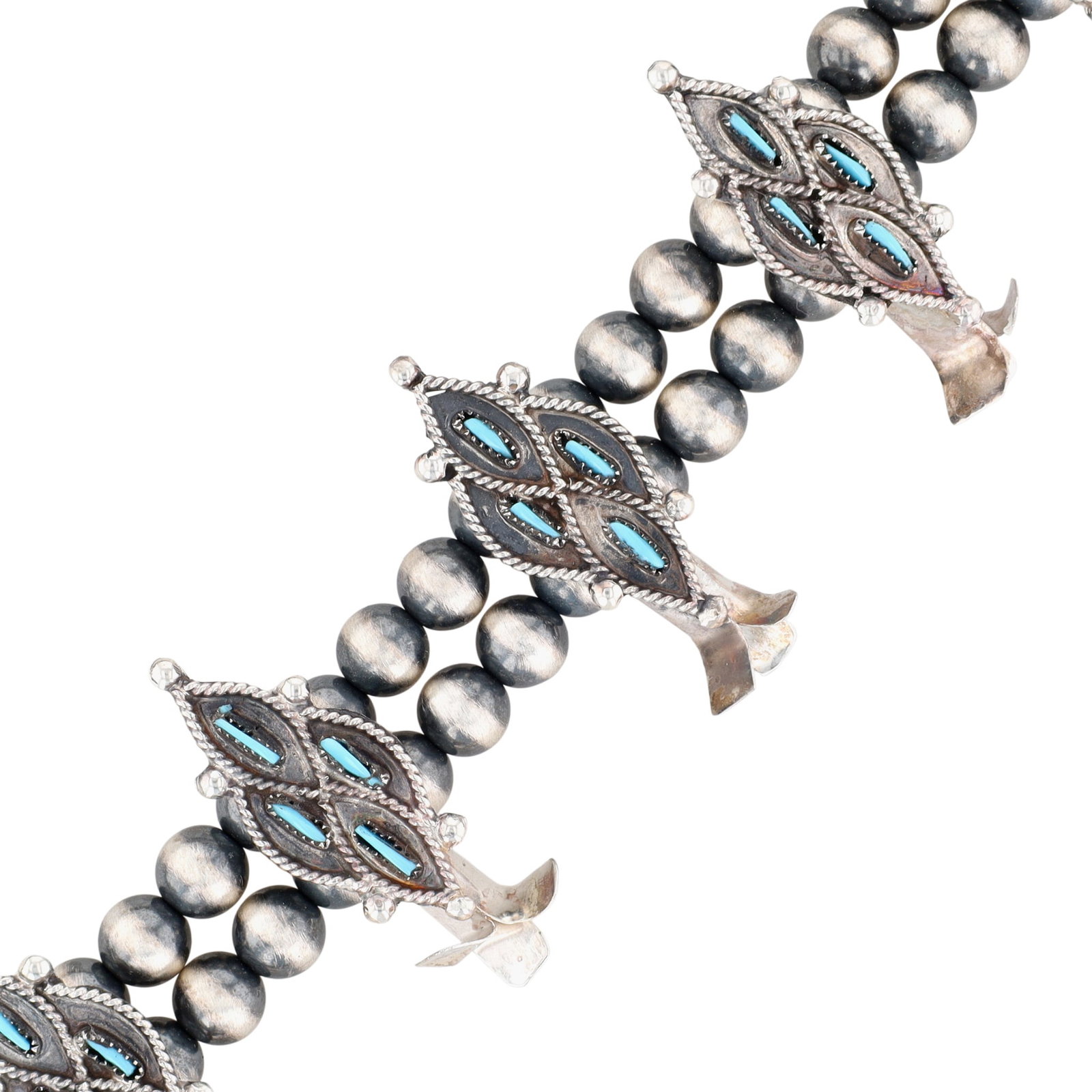 Lerna Mahkee Zuni Sterling Kingman Turquoise Needlepoint Squash Blossom Necklace - 4