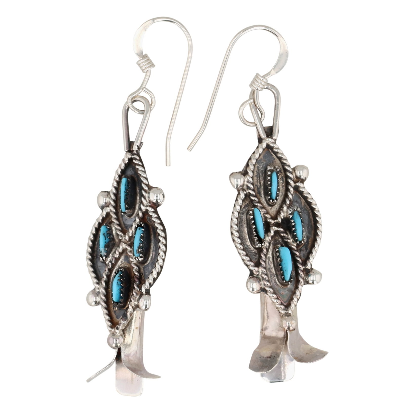 Lerna Mahkee Zuni Sterling Kingman Turquoise Needlepoint Squash Blossom Earrings: Lerna Mahkee Zuni Sterling Block Kingman Turquoise Needlepoint Squash Blossom Earrings / 3g / Unsigned. Artist attribution based on accompanying tag.