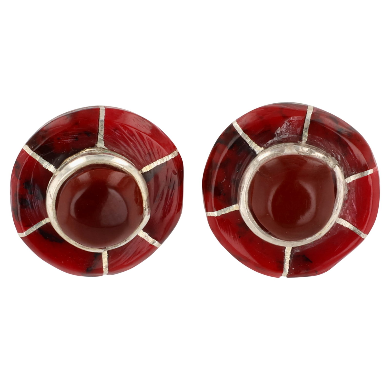 Fred Manuelito Navajo Sterling Jasper Inlay Earrings: Fred Manuelito Navajo Sterling Jasper Inlay Earrings / 2.5g / Unsigned. Artist attribution based on accompanying tag.