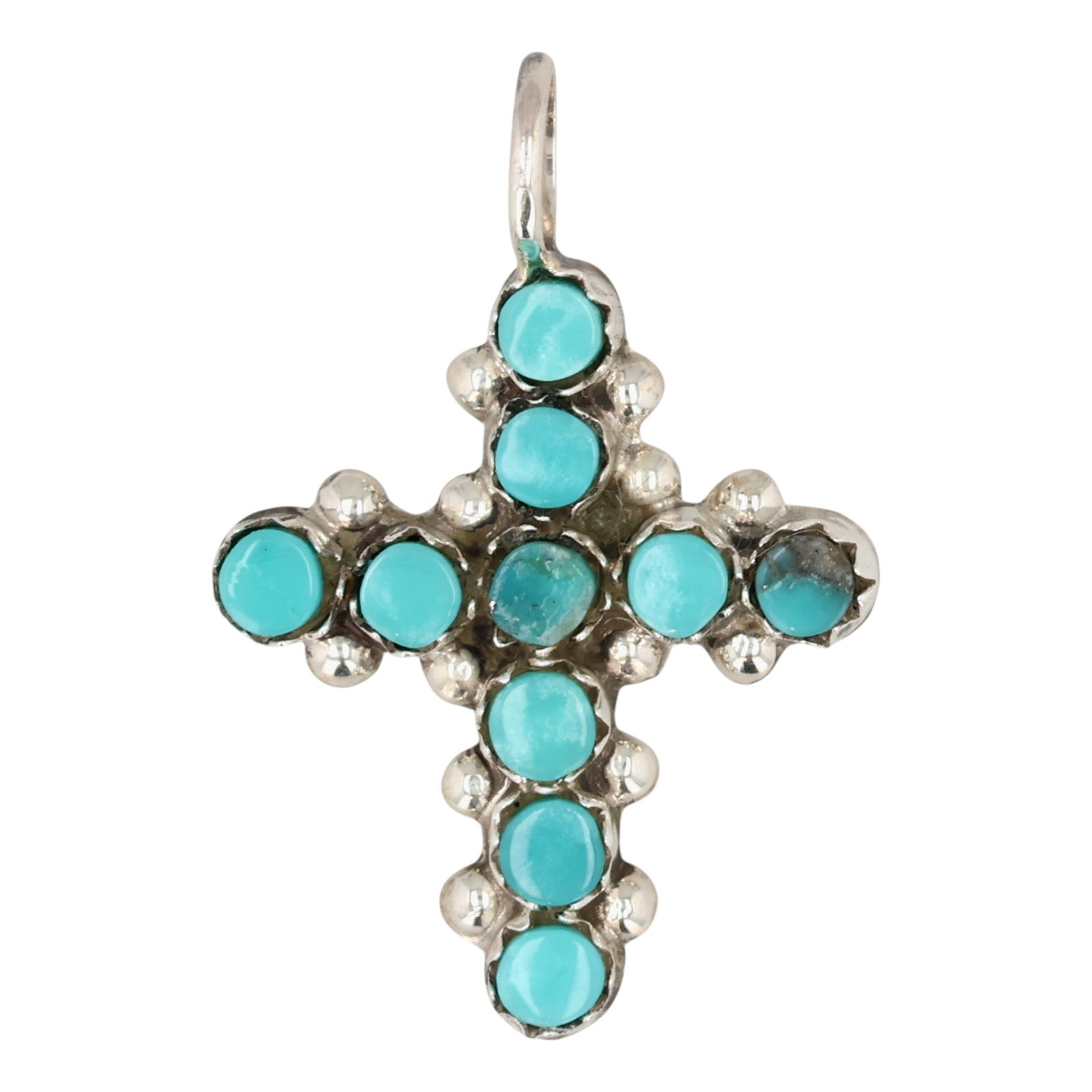 Marlon Quam Zuni Sterling Turquoise Snake Eye Cross Pendant: Marlon Quam Zuni Sterling Turquoise Snake Eye Cross Pendant / 2g / Unsigned. Artist attribution based on accompanying tag.