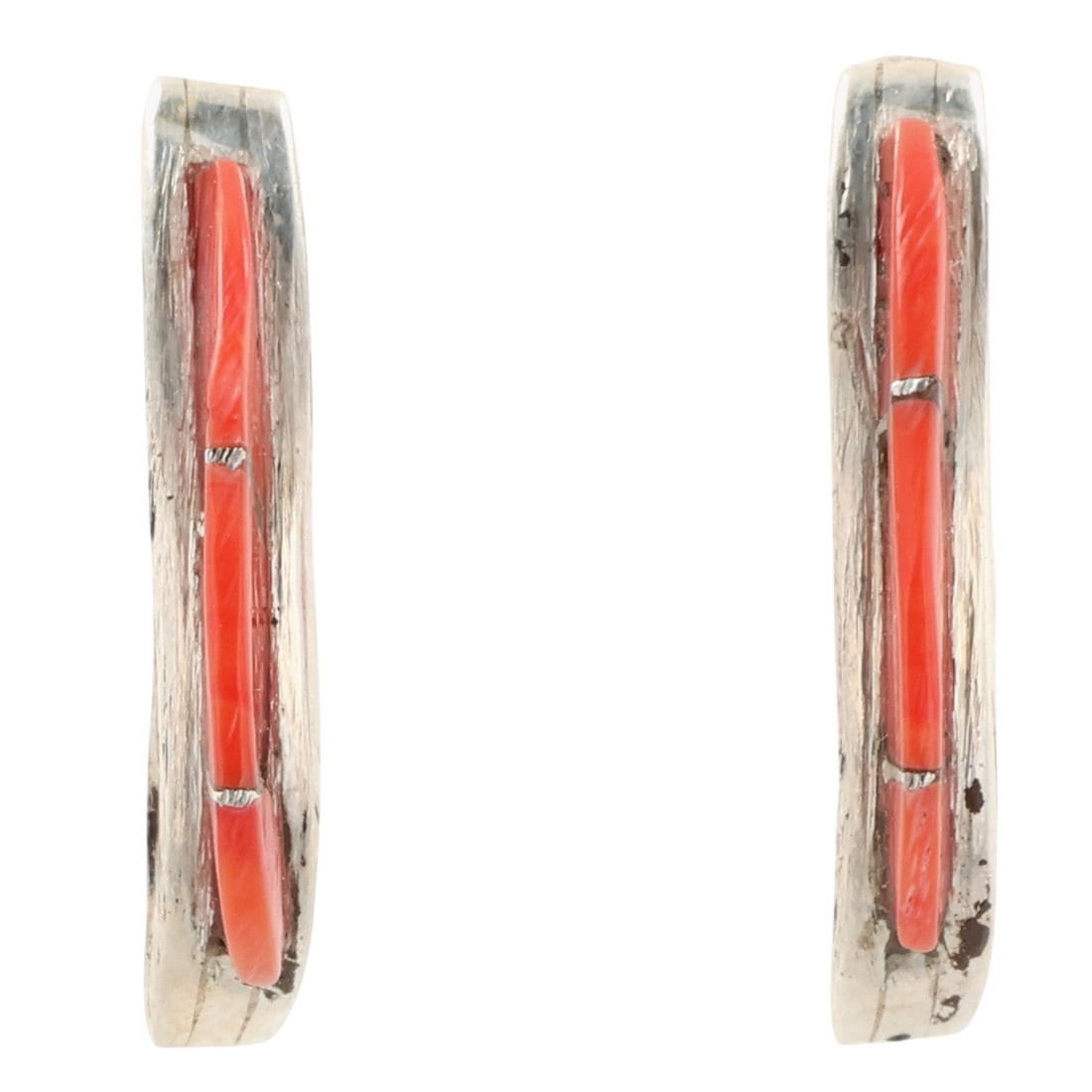 Kent Lonjose Zuni Sterling Coral Inlay Earrings: Kent Lonjose Zuni Sterling Coral Inlay Earrings / 1g / Unsigned. Artist attribution based on accompanying tag.