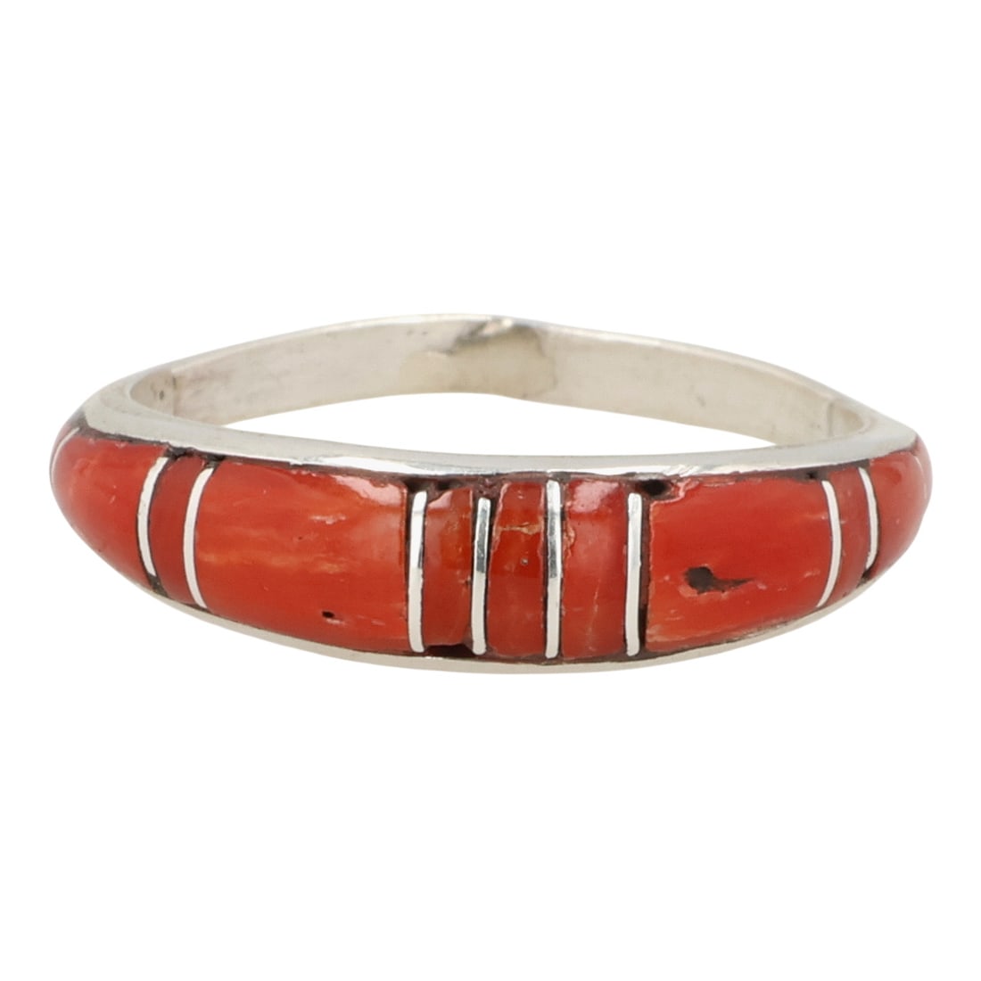 Kerrie Peina Zuni Sterling Coral Inlay Ring Sz 7.75: Kerrie Peina Zuni Sterling Coral Inlay Ring Sz 7.75 / 2g / Imperfections in coral, see photos / Unsigned. Artist attribution based on accompanying tag.