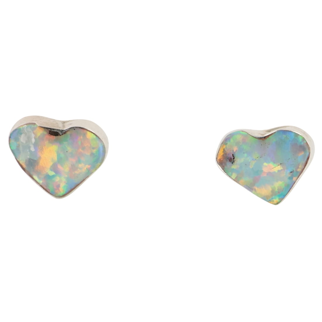 Dorothy Weha Zuni Sterling Opal Heart Earrings: Dorothy Weha Zuni Sterling Opal Heart Earrings / 0.5g / Unsigned. Artist attribution based on accompanying tag / Opal does not sit flush with the bezel at the top of the left earring. See photos.