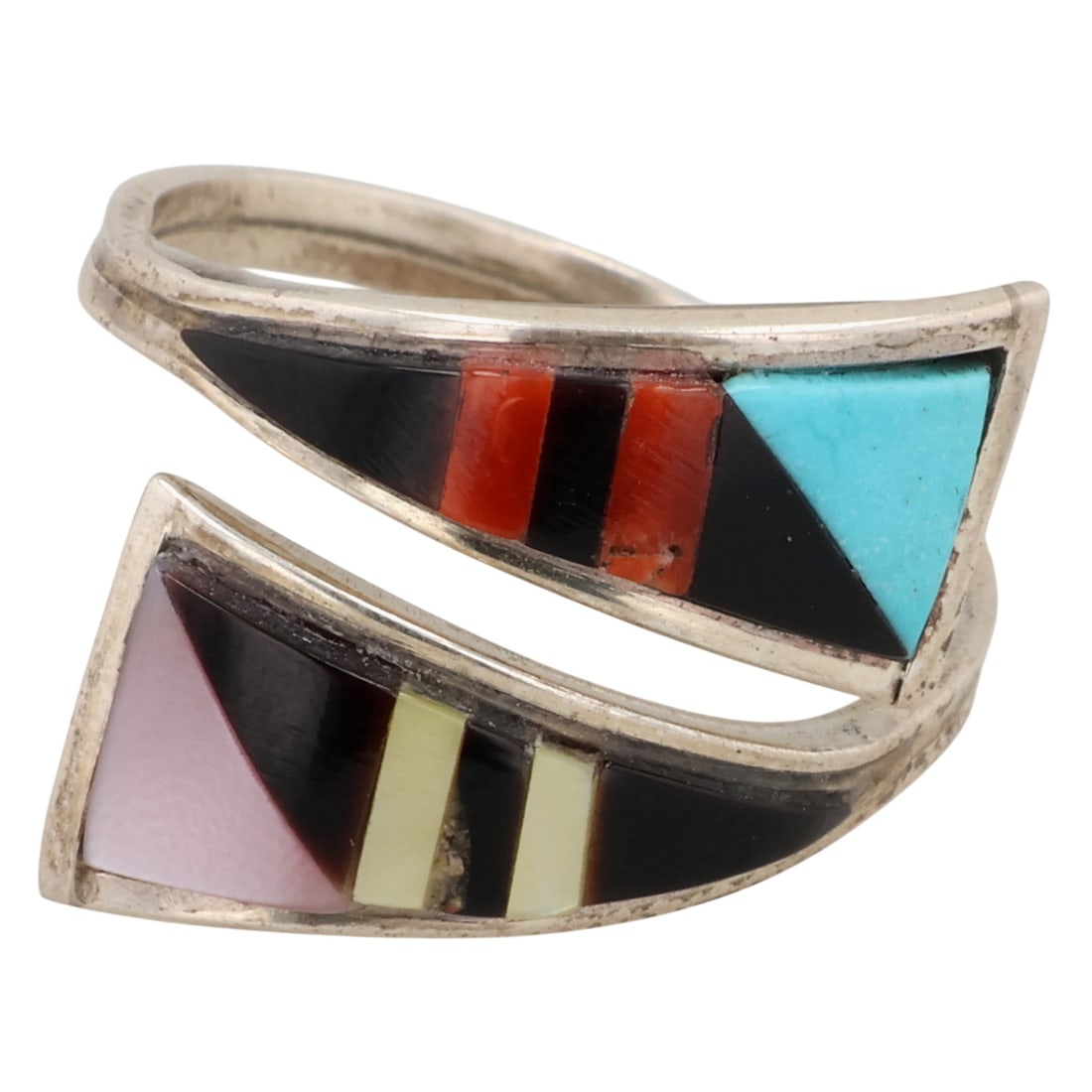 Signed Zuni Sterling Multi-Stone Inlay Adjustable Ring: Signed CE Zuni Sterling Multi-Stone Inlay Adjustable Ring Sz 7 / 2.5g / Turquoise, Onyx, Coral, Mother of Pearl