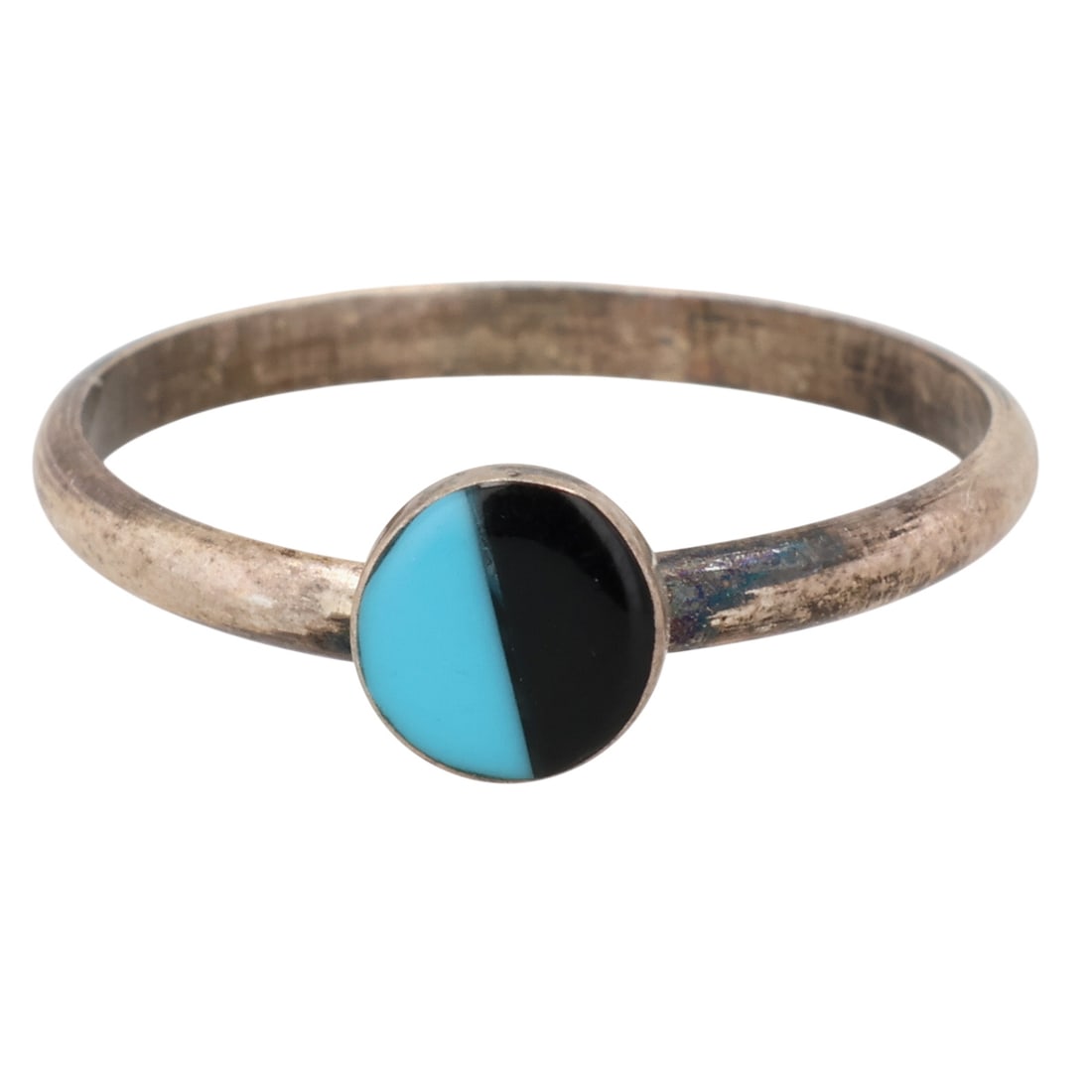Angie Rosetta Zuni Sterling Turquoise Onyx Inlay Ring Sz 5: Angie Rosetta Zuni Sterling Block Turquoise Onyx Inlay Ring Sz 5 / 0.7g / Unsigned. Artist attribution based on accompanying tag.