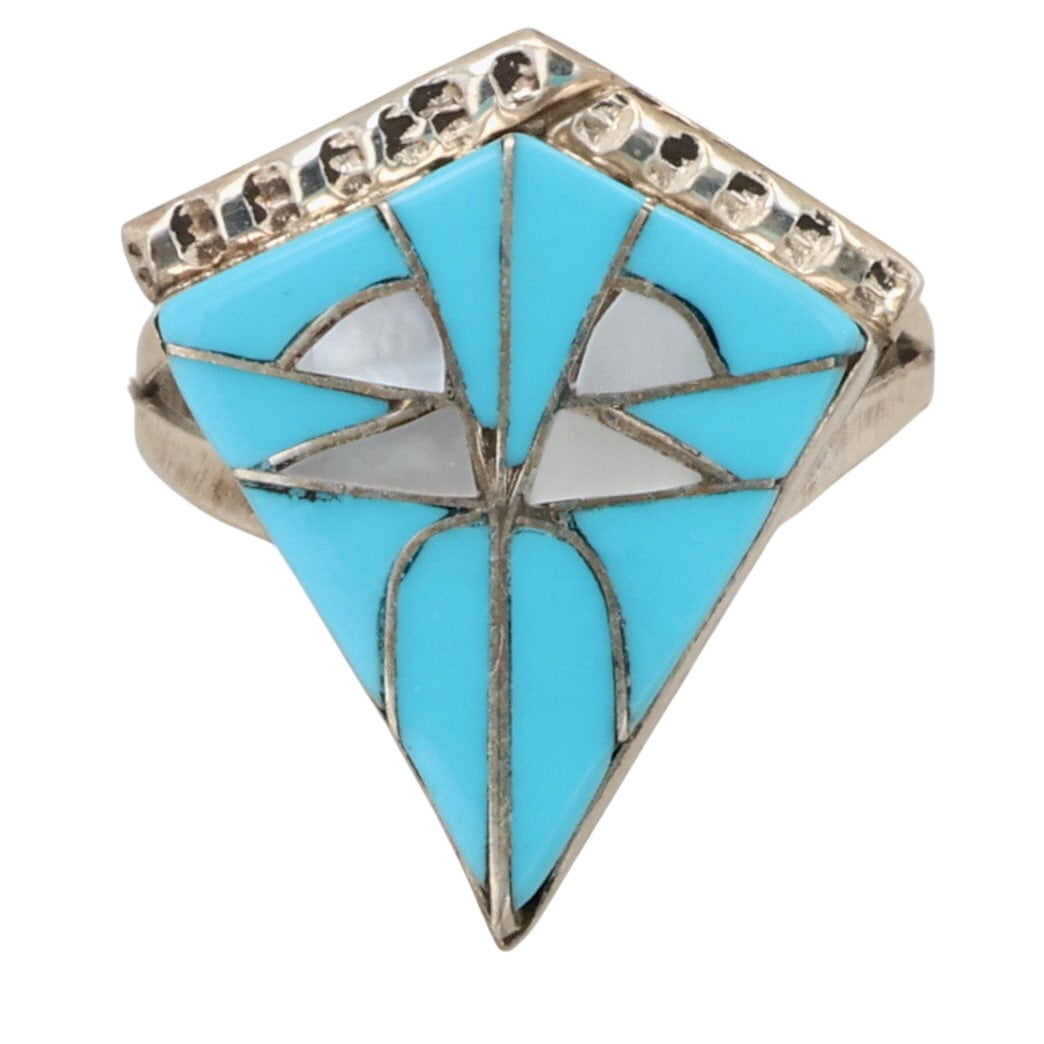 Connie Epaloose Zuni Sterling Multi-Stone Inlay Ring Sz 5.25: Connie Epaloose Zuni Sterling Multi-Stone Inlay Ring Sz 5.25 / 3g / Block Kingman Turquoise, Mother of Pearl / Unsigned. Artist attribution based on accompanying tag.