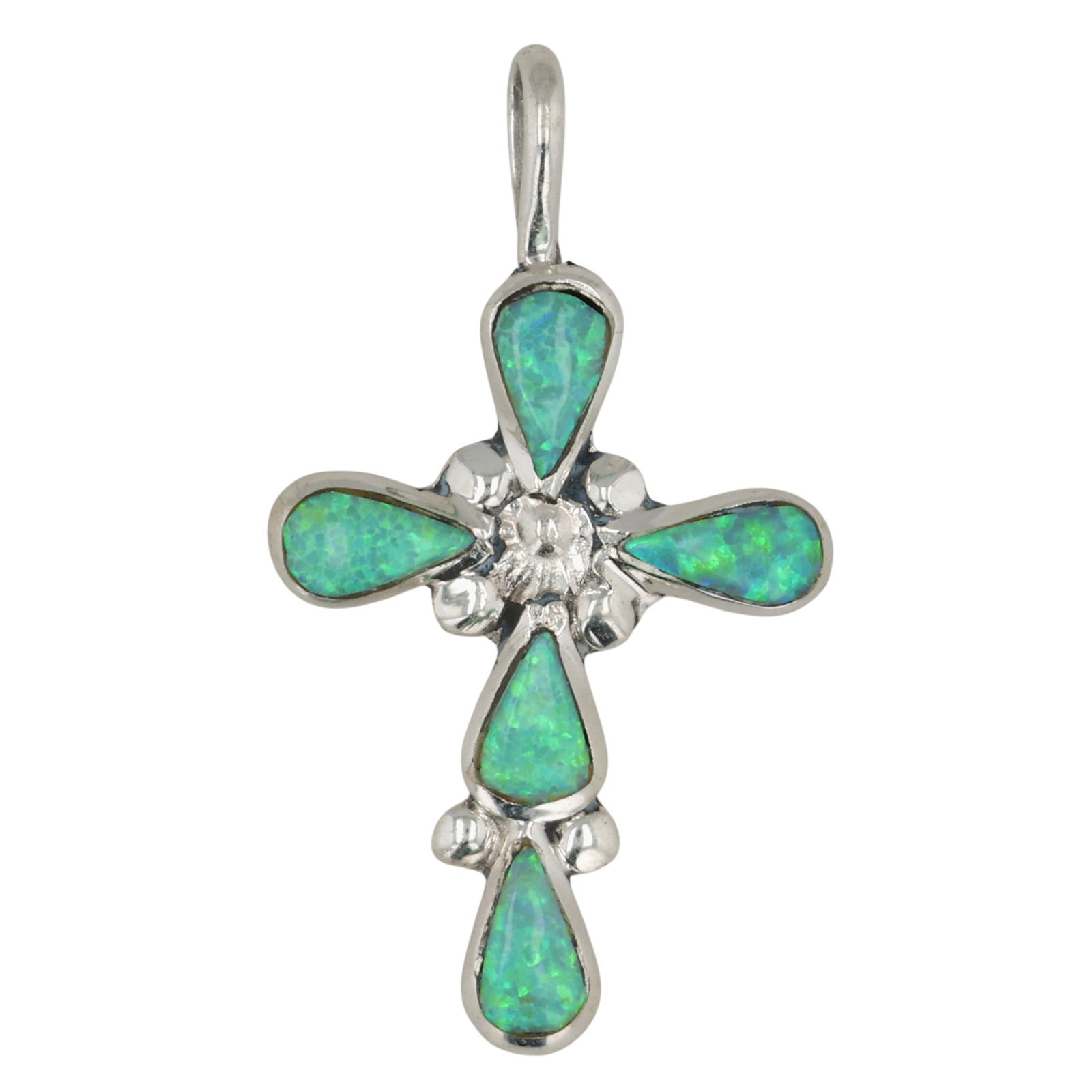 Bryce Vacit Zuni Sterling Opal Cross Pendant: Bryce Vacit Zuni Sterling Opal Cross Pendant / 1g / Unsigned. Artist attribution based on accompanying tag.